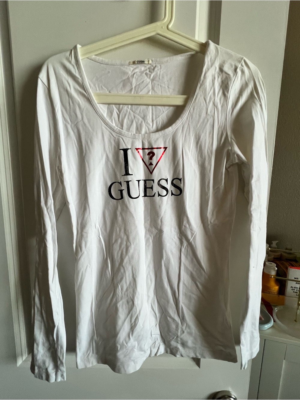 Guess White Long-Sleeve Scoop Neck Logo Top